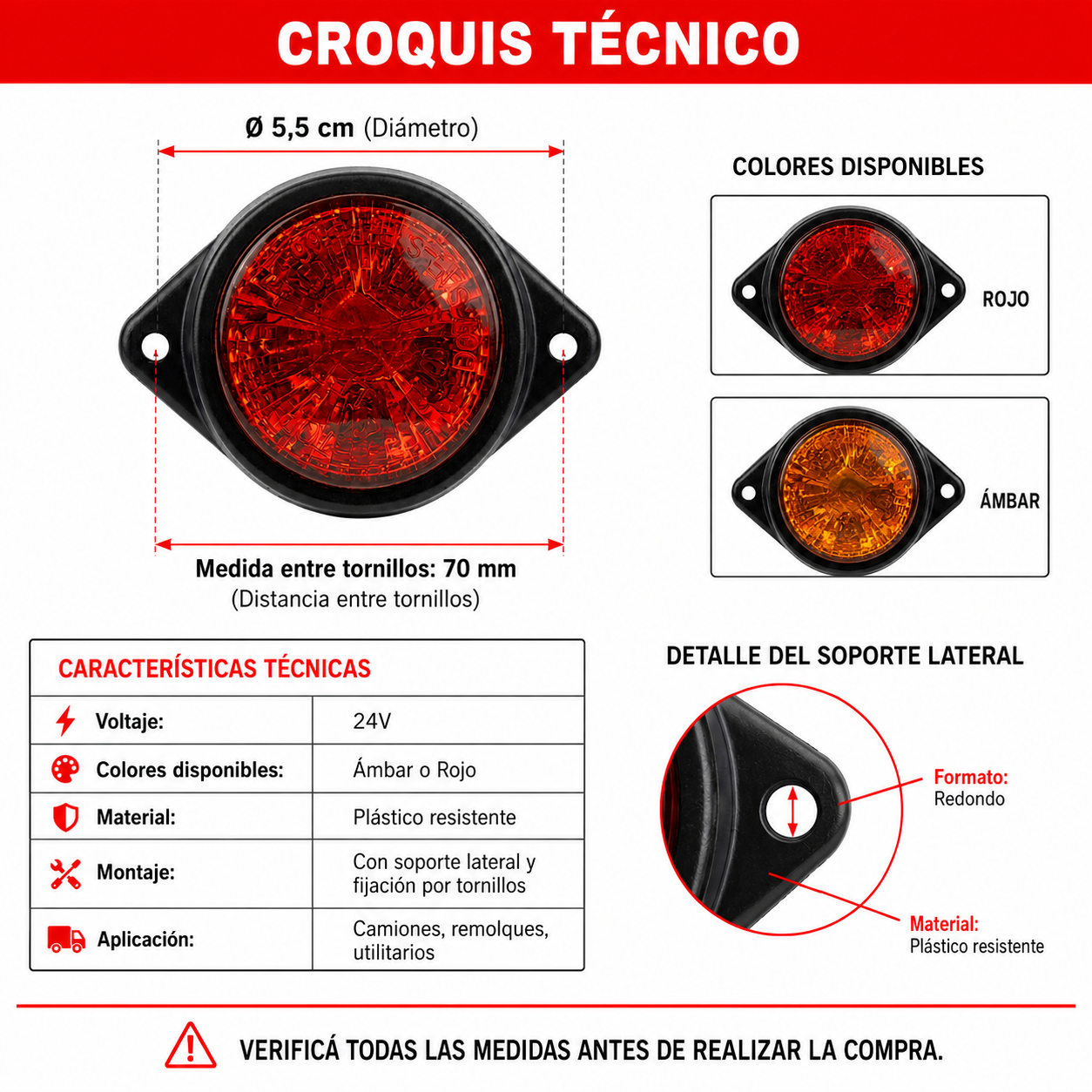 Luz Led Faro Lateral Redondo 24V-Faros Laterales-Multishop Uruguay