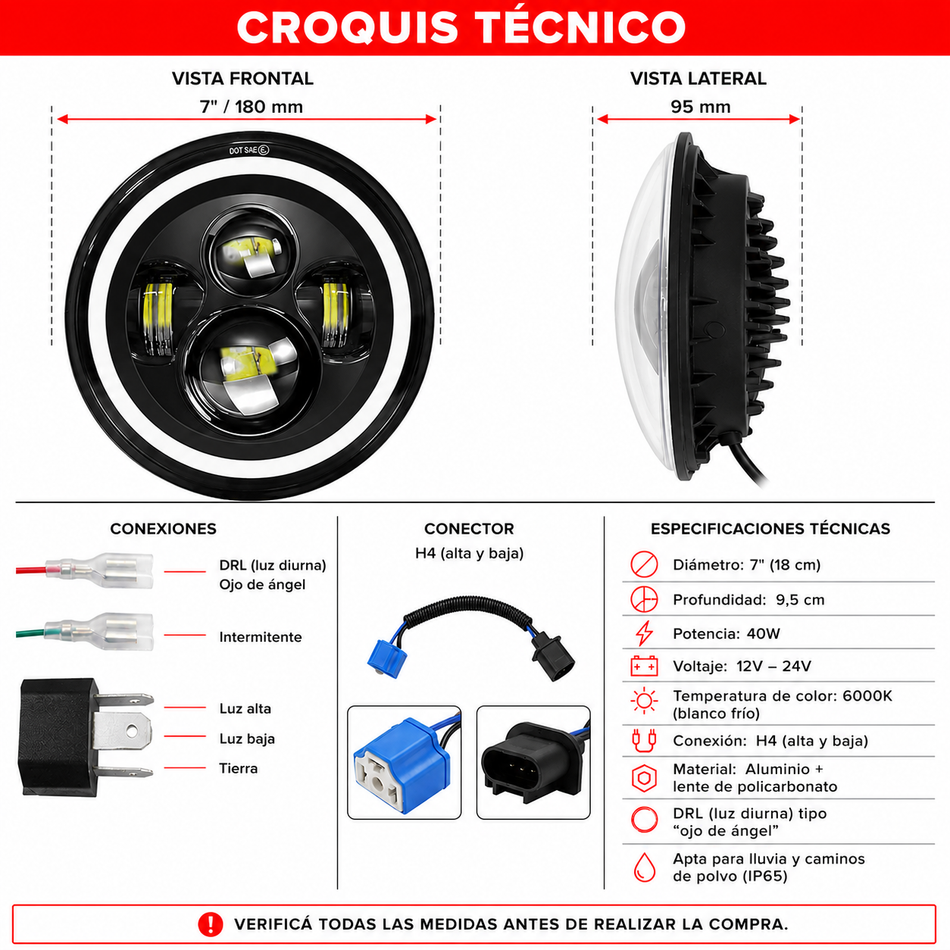 Óptica Cree LED 7" con lupa y ojo de ángel 6000K – Universal 12/24V-Faro Led-Multishop Uruguay