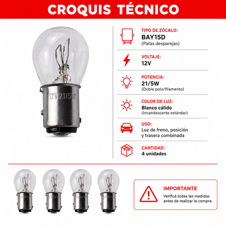 Pack 4 Lámparas 12V 21/5W BAY15D Doble Polo Freno y Posición-Lamparas Motos-Multishop Uruguay