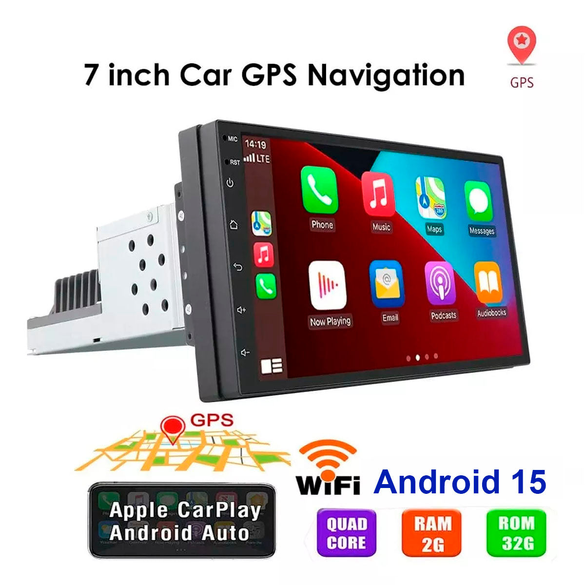 Radio 1 Din 7 pulgadas Android 15 Fm/Am 2+32 GB-1 Din-Multishop Uruguay