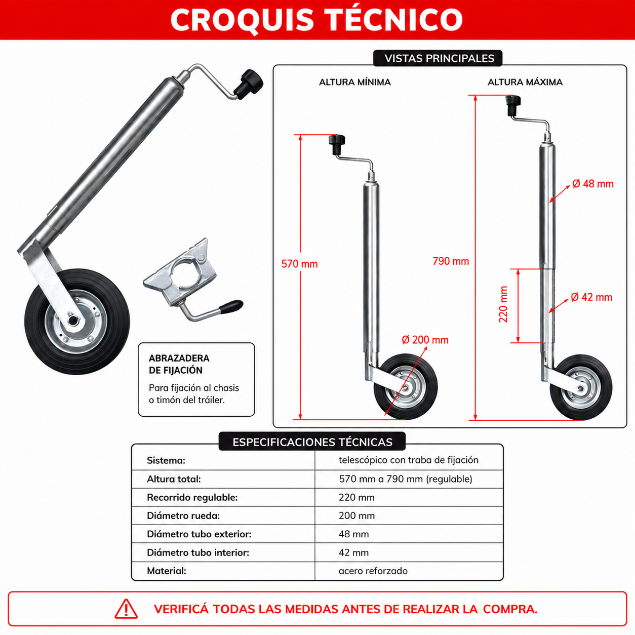Rueda Para Remolque Regulable Con Traba-Enganche de Remolque-Multishop Uruguay